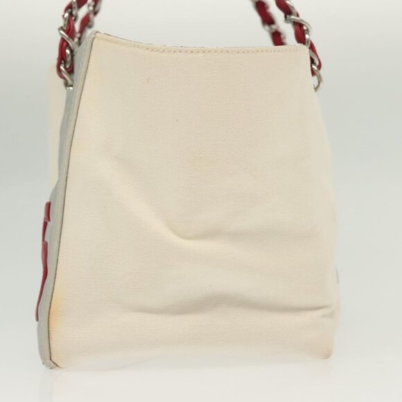 CHANEL Choco Bar Line Chain Tote Bag Canvas White Silver CC Auth - Picture 5 of 16